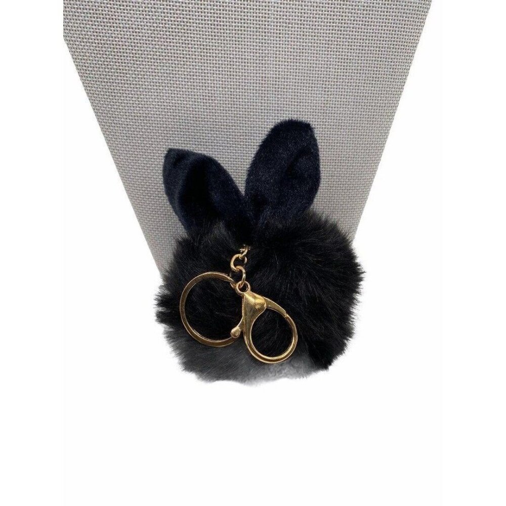 Black Bunny Ears Fur Ball‎ Keychain Charm With Plush Key Holder